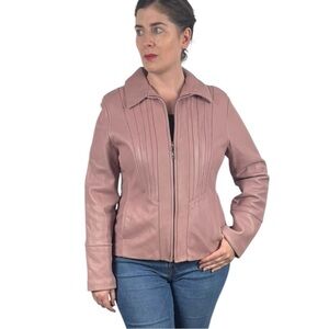 AVANTI LIGHT PINK LEATHER ZIP FRONT TAILORED COLLARED BLAZER Y2K JACKET
